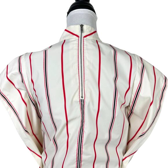3.1 PHILLIP LIM | Ivory Red Striped Stand Collar Cap Sleeve Tie Hem Designer Top - Picture 9 of 15